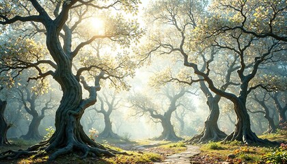 Fototapeta premium The translucent forms of ancient trees are adorned with delicate, shimmering leaves that reflect and amplify soft ambient light , glowing trees, ambient light