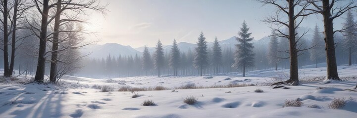 Fototapeta premium Glittering snowflakes fall gently on a peaceful winter landscape, serene atmosphere, frosty landscape, wintry scenery