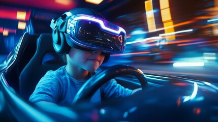 A child experiences an immersive virtual reality driving simulation, showcasing vibrant colors and dynamic motion.
