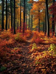 Obraz premium Forest floor ablaze with colors of changing seasons , earthy tones, woodland, autumn