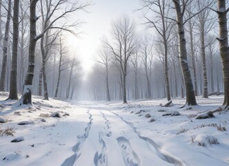 Obraz premium A serene and peaceful snowy forest landscape with bare trees and snow-covered ground, winter wonderland, frozen landscape