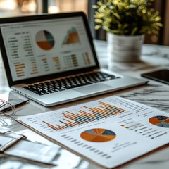 Business Analysis with Financial Reports and Charts on a Laptop Displaying Data for Informed Decision Making in a Professional Environment