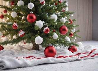 Christmas tree with red and white ornaments under a blanket of snow, frosty atmosphere, snowy landscape, christmas tree