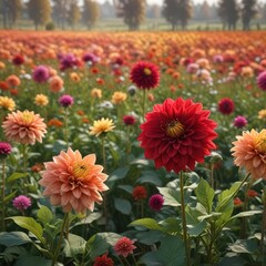 Autumn field with bicolor dahlia flowers in the foreground, flower, orange