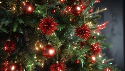 Obraz premium Festive red and green tinsel on a tall Christmas tree, decorated branches, colorful tree ornaments, vibrant tree decor