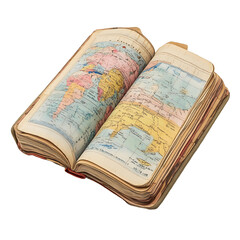 A book is open to a page with a map of the world