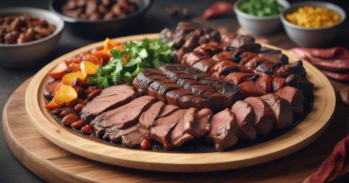 Sizzling plate of charcoal-roasted meats with chorizo and chinchulines on the side, chorizo, sizzling