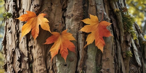 Soft focus image of autumn leaves against the rough texture of old tree bark , tree, bark, autumn