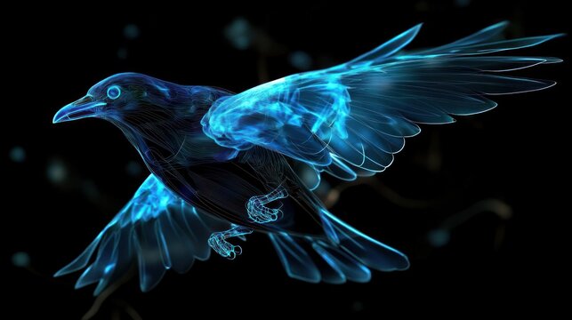 3D holographic crow with glowing wings, black background