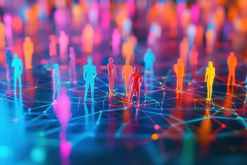 Colorful miniature human figures interconnected network vibrant threads social connectivity concept dark background