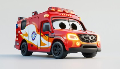 Cartoon Emergency Vehicle: Red Rescue Truck Design with Lights,  Fast Wheels, and Fun Animation