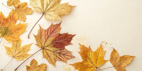 Watercolor autumn leaves with golden accents on a creamy white background, warm hues, leafy patterns, watercolor painting