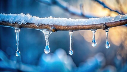 Water dripping from a white icicle hanging from a snow-covered branch, ice, frozen, snow-covered