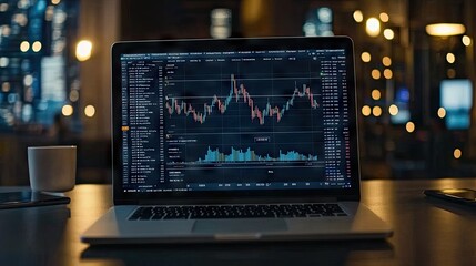 Obraz premium Financial Data Analysis on Laptop Screen with Coffee in Background