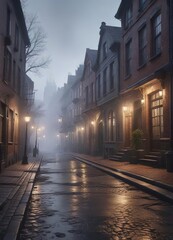 Obraz premium Foggy evening with mist-covered streets and old townhouses , old townhouses,
