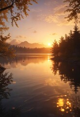 Obraz premium Glowing golden bokeh lights on a serene lake at sunset, , golden bokeh lights, peaceful atmosphere
