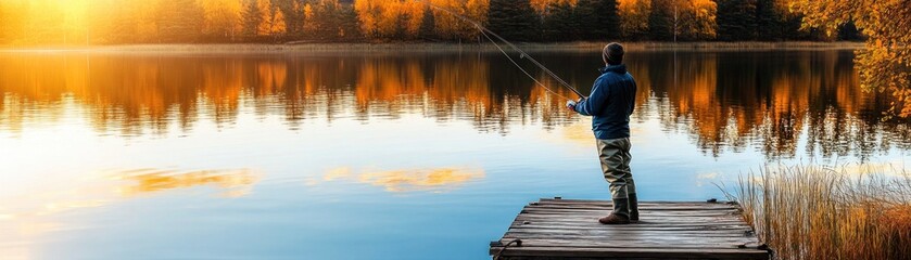 A person fishing at sunset on a peaceful lake surrounded by autumn foliage.