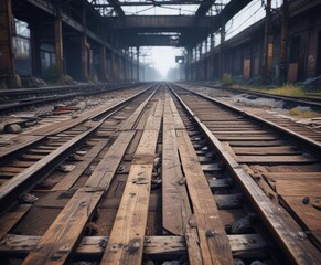 Abandoned train platform with old wooden planks, worn-out wood, isolated location