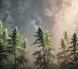 Naklejka premium Aesthetic image of marijuana plants in a calming, pastel environment with subtle smoke effects, soft pink, delicate details, botanical beauty