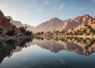 Reflections of the serene Al Qudra lakes in calm water, Al Qudra Lakes, Stillness