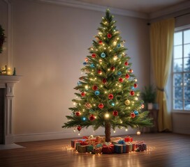 Pine Christmas tree decorated with fairy lights and ornaments, shining branches, fairy lights