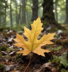 The soft focus of the camera captures an oak leaf on the forest floor, emphasizing its intricate details and subtle beauty , textured landscape, natural light, forest floor
