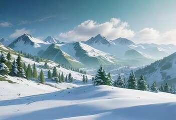 Green and blue abstract winter landscape with snow-covered hills, abstract landscape, blue tone, peaceful surroundings
