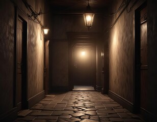 Fototapeta premium Dimly lit passageway entrance with a single flickering lantern light overhead , eerie ambiance , architectural feature, alleyway
