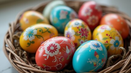 Fototapeta premium A close-up of beautifully painted Easter eggs arranged in a basket, symbolizing the joy of the holiday