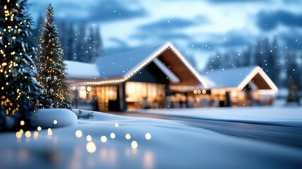 Fototapeta premium Snowy Christmas village with a lit up Christmas tree.