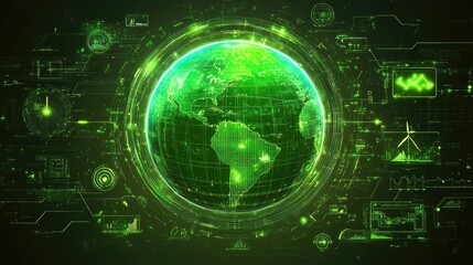 Green Earth Globe with Digital Data Illustrations and Technology Elements