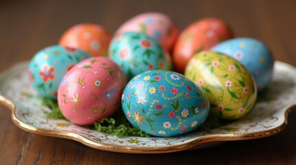 Fototapeta premium beautifully painted Easter eggs arranged on a decorative plate, showcasing intricate designs and vibrant hues that celebrate the holiday spirit