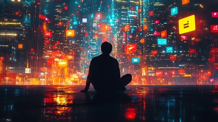 Digital interaction person in futuristic city urban landscape night
