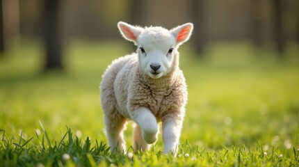 Obraz premium A cute lamb frolicking in a green meadow, showcasing its fluffy wool and playful nature, embodying the spirit of spring and new life