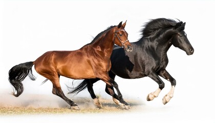 running brown horse and black horse isolated on white background