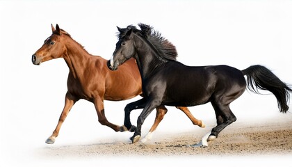 Obraz premium running brown horse and black horse isolated on white background