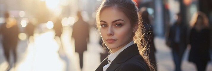 Fototapeta premium Beautiful young woman in a business suit looking at the camera, with a blurred man walking behind her in the background. 