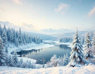 Fototapeta premium Winter landscape with snow-covered trees and frozen lake, calm night, snowy trees