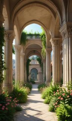 Grand arches of a palace with lush greenery and flowers, outdoor space, botanical details, flowers