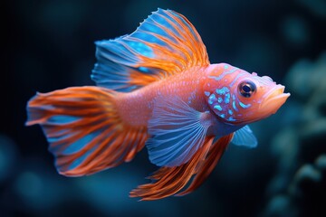Fototapeta premium Vibrant orange and blue fish with flowing fins, swimming underwater. Ideal for aquarium, pet, or nature themes; evokes beauty and serenity.