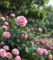 full-bloomed pink rose in a lush garden landscape, beautiful, natural