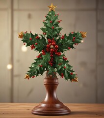 Fototapeta premium Festive holly-patterned Christmas tree topper on a wooden base, festive, branches, winter wonderland