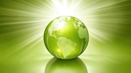Green Earth Globe with Rays of Light and Reflection on Surface
