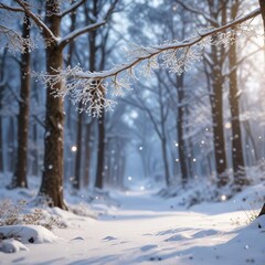 Snowy forest with delicate snowflakes and bokeh effect, bokeh, virgin snow, winter wonderland