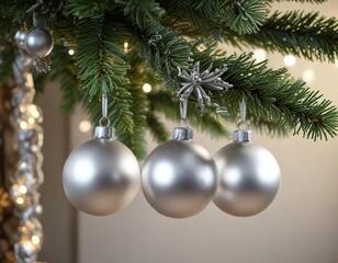 elegant silver ornaments on a Christmas tree branch , ornaments, modern decor, silver