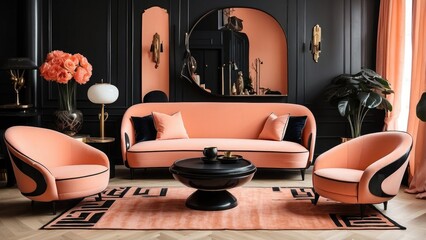 An eccentric black and salmon art deco living room