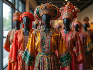 Fototapeta premium Traditional festival costumes with vivid colors and patterns, arranged in a showroom, showcasing detailed textures and rich fabrics