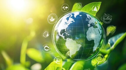 Eco-Friendly Globe with Green Leaves and Environmental Icons