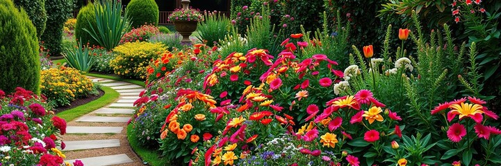 Colorful flowers and lush greenery in a well-tended garden with walking paths, flowerbeds, gardening tools