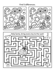 Winter holidays, Christmas, New Year puzzle page with two visual puzzles or picture riddles. Difference game with various candies. Maze, or labyrinth, with Santa's sack and toys. Black and white. 